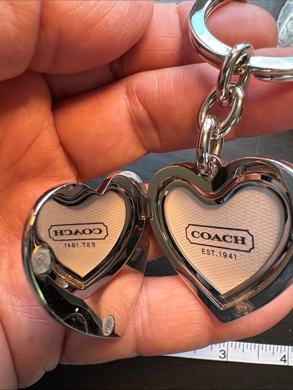 Coach Deep Red and Silver Locket Signature Heart Keyring - Picture 2 of 5